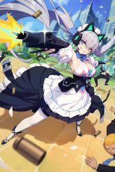 Rule 34 | 1girl, 4boys, absurdres, animal ear headphones, animal ears, blue eyes, breasts, building, cat ear headphones, detached collar, detached sleeves, dual wielding, fake animal ears, foreshortening, grey hair, gun, headphones, headset, highres, holding, holding gun, holding weapon, large breasts, long hair, maid, maid headdress, multiple boys, original, outdoors, outstretched arms, rekaerb maerd, shell casing, spread arms, twintails, weapon