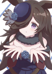 1girl animal_ears bare_shoulders black_hair blue_dress blue_flower blue_hat blue_rose blush collarbone commentary_request dress flower hair_over_one_eye hat hat_flower highres horse_ears long_sleeves looking_at_viewer off-shoulder_dress off_shoulder parted_lips purple_eyes rice_shower_(umamusume) rose solo sunanuko_(ramuneko) tilted_headwear umamusume umapyoi_densetsu white_background