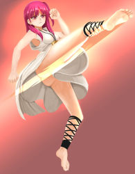 Rule 34 | 1girl, anklet, ass, bare legs, barefoot, blush, breasts, clenched hand, clenched hands, dress, feet, female focus, fighting stance, full body, highres, hirono (final square), jewelry, kicking, long hair, magi the labyrinth of magic, medium breasts, morgiana, necklace, no panties, red eyes, red hair, sideboob, soles, solo, toes