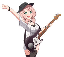 Rule 34 | 1girl, arm up, bang dream!, black hat, black thighhighs, breasts, choker, cleavage, furou, guitar, hat, highres, instrument, looking at viewer, short twintails, simple background, solo, thighhighs, twintails, uehara himari, white background