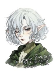 1boy absurdres bags_under_eyes bingqilintu black_eyes blush cloak dated dungeon_meshi elf gorget green_cloak grey_hair happy_birthday highres hood hooded_cloak lazy_eye looking_at_viewer male_focus mithrun notched_ear pointy_ears portrait short_hair simple_background solo uneven_eyes wavy_hair white_background