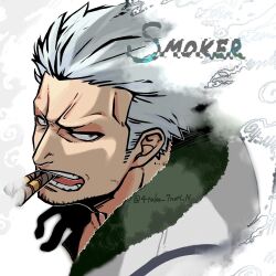 Rule 34 | 1boy, 4taka 7nori n, beard stubble, character name, cigar, close-up, commentary request, facial hair, from above, fur-trimmed jacket, fur trim, jacket, looking at viewer, male focus, one piece, profile, short hair, sideburns, smoke, smoker (one piece), solo, stubble, twitter username, upper body