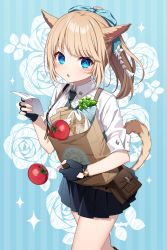 Rule 34 | 1girl, :o, absurdres, animal ears, warrior of light (ff14), bag, blonde hair, blouse, blue eyes, bow, breasts, cat ears, cat girl, cat tail, commission, cookie, final fantasy, final fantasy xiv, fingerless gloves, floral background, food, gloves, groceries, grocery bag, hair bow, hazakura chikori, highres, large breasts, blue background, medium hair, miniskirt, miqo&#039;te, paper bag, plant, pleated skirt, ponytail, pouch, shirt, shopping bag, short sleeves, simple background, skeb commission, skirt, tail, tomato, white shirt