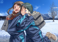 Rule 34 | 2girls, artist logo, bag, black hair, blue eyes, blue sky, blush, brown hair, cold, gloves, gym uniform, hokkaido, jacket, long hair, long sleeves, looking at another, mountain, multiple girls, one eye closed, open mouth, original, pairan, scarf, school bag, shoes, sky, smile, snow, track jacket, track suit, tree, yellow eyes