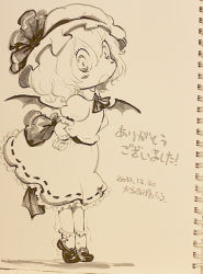 Rule 34 | 10s, 1girl, 2011, :o, bat wings, blush, brooch, ascot, dated, dress, fang, frills, gem, hair between eyes, hat, jewelry, karaagetarou, loafers, mob cap, monochrome, parted lips, photo (medium), puffy short sleeves, puffy sleeves, remilia scarlet, shoes, short sleeves, signature, sketch, tiptoes, tooth, touhou, traditional media, vampire, wings, wrist cuffs