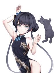 Rule 34 | 1girl, absurdres, animal, arm up, armpits, bare arms, bare shoulders, black dress, black hair, blue archive, braid, braided bun, cat, china dress, chinese clothes, cowboy shot, double bun, dragon print, dress, expressionless, godoaru, grey eyes, hair bun, hair ornament, hand up, highres, kisaki (blue archive), long hair, looking at viewer, no panties, pelvic curtain, print dress, simple background, sleeveless, sleeveless dress, solo, thighs, twintails, white background