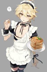Rule 34 | 1boy, ?, aether (genshin impact), ahoge, alternate costume, apron, black bra, black ribbon, black shirt, black shorts, black thighhighs, blonde hair, blush, bra, braid, buttons, choker, collarbone, earrings, enmaided, fingernails, food, fork, frilled choker, frills, genshin impact, grey background, hair between eyes, hair ribbon, hands up, highres, holding, holding fork, holding plate, jewelry, leaf, long hair, looking at viewer, maid, maid headdress, male focus, neck ribbon, open clothes, open mouth, open shirt, orange eyes, pancake, plate, potti-p, puffy short sleeves, puffy sleeves, ribbon, shirt, short sleeves, shorts, simple background, single earring, solo, speech bubble, standing, tassel, tassel earrings, teeth, thighhighs, trap, underwear, watermark, white apron, wrist cuffs