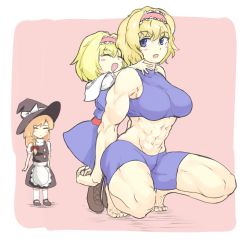 Rule 34 | 3girls, abs, alice margatroid, barefoot, bike shorts, black headwear, black skirt, black vest, blonde hair, blue dress, blue eyes, blue shorts, blue sports bra, blush, boots, bow, braid, brown footwear, capelet, carrying, closed eyes, closed mouth, commentary request, cookie (touhou), dress, frilled hairband, frills, full body, hair bow, hairband, hat, hat bow, height difference, ichigo (cookie), kirisame marisa, long hair, looking at another, mary janes, multiple girls, muscular, muscular female, open mouth, piggyback, pink hairband, puffy short sleeves, puffy sleeves, red sash, sakuranbou (cookie), sash, shirt, shoes, short hair, short sleeves, shorts, side braid, single braid, skirt, sleeveless, sleeveless dress, smile, socks, sports bra, squatting, star (symbol), suzu (cookie), touhou, vest, white bow, white capelet, white legwear, white shirt, witch hat, yma