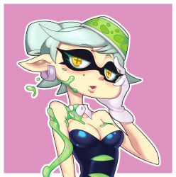 Rule 34 | + +, 1girl, bare shoulders, blush, border, breasts, cleavage, collarbone, detached collar, domino mask, earrings, female focus, gloves, grey hair, half-closed eyes, hand on own face, hand up, highres, jewelry, lips, liquid, marie (splatoon), mask, medium breasts, nauth, nintendo, object on head, open mouth, outline, pink background, pointy ears, shiny skin, short hair, simple background, solo, splatoon (series), splatoon 1, splatter, strapless, tentacle hair, tentacles, upper body, white border, white gloves, white outline, yellow eyes