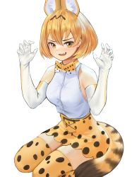 Rule 34 | 1girl, absurdres, animal ear fluff, animal ears, bare shoulders, blonde hair, bow, bowtie, breasts, claw pose, elbow gloves, extra ears, fang, gloves, hands up, high-waist skirt, highres, kemono friends, looking at viewer, open mouth, print bow, print bowtie, print neckwear, print skirt, print thighhighs, serval (kemono friends), serval print, shirt, shirt tucked in, short hair, simple background, sitting, skirt, sleeveless, sleeveless shirt, small breasts, solo, tail, thighhighs, traditional bowtie, ur-8, wariza, white background, white shirt, yellow eyes, zettai ryouiki