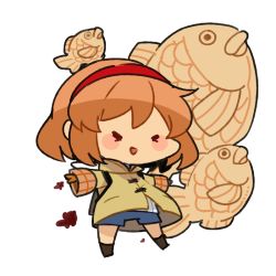 Rule 34 | &gt; &lt;, 1girl, :d, > <, beige jacket, blue shorts, brown hair, chibi, closed eyes, fake wings, food, full body, hairband, kanon, long sleeves, mota, open mouth, outstretched arms, red hairband, short hair, shorts, simple background, smile, solo, spread arms, taiyaki, tsukimiya ayu, wagashi, white background, wings, xd