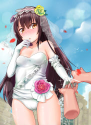 Rule 34 | 1girl, bad id, bad pixiv id, bare shoulders, bird, blue sky, blush, breasts, bridal veil, brown eyes, brown hair, cameltoe, cloud, collarbone, day, disembodied limb, elbow gloves, floral print, flower, girls&#039; frontline, glint, gloves, gluteal fold, green flower, green rose, hair between eyes, hair flower, hair ornament, hand to own mouth, hand up, highres, jewelry, long hair, medium breasts, nose blush, note2000, nz75 (girls&#039; frontline), outdoors, parted lips, petals, pink flower, pink rose, ring, rose, rose print, see-through, sky, solo focus, sparkle, veil, very long hair, wedding band, white gloves