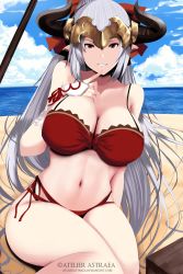 Rule 34 | 1girl, aliza (granblue fantasy), arm warmers, artist name, astraea (atelierastraea), beach, bikini, bow, breasts, cleavage, commentary, draph, finger to mouth, forehead protector, granblue fantasy, hair bow, highres, horns, huge breasts, long hair, looking at viewer, navel, ocean, red bikini, red bow, red eyes, silver hair, sitting, solo, swimsuit, watermark, web address