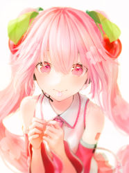 Rule 34 | 1girl, closed mouth, collared shirt, detached sleeves, floating hair, hair between eyes, hair ornament, hatsune miku, headphones, headset, highres, long hair, long sleeves, looking at viewer, microphone, mouth hold, ojay tkym, petals, pink eyes, pink hair, pink neckwear, pink sleeves, sakura miku, shirt, sleeveless, sleeveless shirt, smile, solo, twintails, upper body, very long hair, vocaloid, white shirt, wing collar