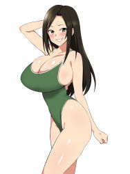 Rule 34 | 10s, 1girl, arm up, bare shoulders, black hair, blush, breasts, brown eyes, cleavage, competition school swimsuit, curvy, female focus, grin, highleg, highleg swimsuit, highres, huge breasts, idolmaster, idolmaster cinderella girls, kagemusha, long hair, looking at viewer, mukai takumi, one-piece swimsuit, school swimsuit, shiny skin, simple background, smile, solo, swimsuit, thighs, white background