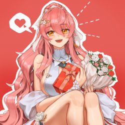 Rule 34 | 1girl, absurdres, bare shoulders, bouquet, breasts, bride, counter:side, flower, gift, heart, highres, large breasts, long hair, looking at viewer, mistcastle, official alternate costume, open mouth, pink hair, ponytail, sideboob, sitting, smile, solo, speech bubble, thighs, veronica (counter:side), yellow eyes