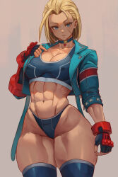 Rule 34 | 1girl, abs, absurdres, adapted costume, alterlesott, arm at side, black gloves, blonde hair, blue choker, blue eyes, blue jacket, blue panties, blue sports bra, blue thighhighs, breasts, cammy white, choker, cleavage, covered erect nipples, cowboy shot, cropped jacket, expressionless, facial scar, fingerless gloves, fingernails, gloves, grey background, hand up, highleg, highleg panties, highres, jacket, large breasts, long fingernails, long sleeves, looking at viewer, muscular, muscular female, navel, open clothes, open jacket, panties, parted lips, scar, scar on cheek, scar on face, short hair, skindentation, solo, sports bra, standing, street fighter, street fighter 6, studded jacket, teeth, thick thighs, thighhighs, thighs, underwear, wide hips, zipper