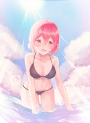 Rule 34 | 1girl, :d, absurdres, bikini, black bikini, breasts, cleavage, collarbone, day, front-tie bikini top, front-tie top, groin, hair between eyes, highres, large breasts, light rays, looking at viewer, lucid (maplestory), maplestory, muyang, navel, open mouth, outdoors, pink hair, pointy ears, red eyes, short hair, smile, solo, standing, stomach, string bikini, sunbeam, sunlight, swimsuit, thighs, wading, water, wet