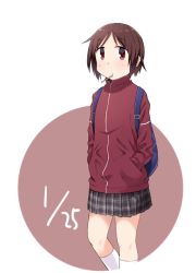 Rule 34 | 1girl, backpack, bag, birthday, black skirt, blue bag, blush, brown hair, candy, circle, commentary request, dated, food, food in mouth, hands in pockets, hasegawa fumi, jacket, katatsuka kouji, kneehighs, lollipop, long sleeves, looking at viewer, plaid, plaid skirt, pleated skirt, school bag, school uniform, short hair, skirt, socks, solo, standing, track jacket, white background, white socks, yuyushiki