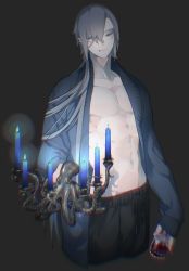 Rule 34 | 1boy, bare pectorals, blood, blood from mouth, blue fire, candle, candlestand, closed mouth, cup, fingernails, fire, grey eyes, grey hair, highres, holding, holding cup, long hair, male focus, muscular, navel, octopus, original, pants, pectorals, pointy ears, sleeves past wrists, smile, solo, sweatpants, tobacco (tabakokobata), vampire