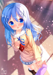 Rule 34 | 2girls, bad id, bad pixiv id, blue eyes, blue hair, blue ribbon, blurry, blurry background, blush, box, brown cardigan, brown footwear, cardigan, chinomaron, collarbone, commentary request, depth of field, gift, gift box, gochuumon wa usagi desu ka?, hair ornament, highres, holding, holding gift, indoors, kafuu chino, loafers, long hair, long sleeves, looking at viewer, multiple girls, neck ribbon, nose blush, open mouth, pleated skirt, ribbon, sailor collar, school uniform, serafuku, shirt, shoes, signature, skirt, sleeves past wrists, socks, solo focus, valentine, very long hair, white legwear, white sailor collar, white shirt, white skirt, x hair ornament