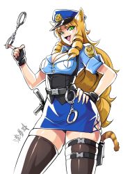 Rule 34 | 1girl, animal ears, arknights, baton, between breasts, black gloves, black necktie, black panties, blue shirt, blue skirt, breasts, cat ears, cat girl, cat tail, cleavage, cuffs, drill hair, fang, fingerless gloves, gloves, green eyes, grey thighhighs, hand on own hip, handcuff dangle, handcuffs, hat, highres, holster, long hair, looking at viewer, medium breasts, necktie, necktie between breasts, open mouth, panties, pantyshot, parted bangs, peaked cap, pencil skirt, police, police badge, police hat, police uniform, policewoman, pouch, revision, ryuusei (mark ii), shirt, side slit, skindentation, skirt, solo, standing, swire (arknights), tail, thigh pouch, thighhighs, twin drills, underbust, underwear, uniform, white background