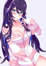 Rule 34 | 1girl, absurdres, black-framed eyewear, black hair, blue eyes, blue hair, blue nails, blush, breasts, cleavage, closed mouth, clothes tug, collarbone, colored inner hair, finger to face, glasses, hair between eyes, highres, hood, hoodie, hoodie tug, indie virtual youtuber, kson, kson (2nd costume), large breasts, long hair, long sleeves, looking at viewer, mole, mole under eye, multicolored hair, nail polish, naked hoodie, partially unzipped, pout, simple background, sleeves past wrists, solo, souchou, striped clothes, striped hoodie, swept bangs, tsurime, two-tone hair, virtual youtuber, watson (achromatist )