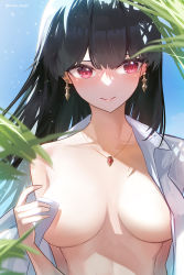 Rule 34 | 1girl, black hair, blue sky, blurry, blush, breasts, closed mouth, collarbone, collared shirt, day, depth of field, earrings, eyebrows hidden by hair, gold earrings, highres, jewelry, large breasts, long hair, looking away, looking to the side, medium breasts, mumu mago, naked shirt, necklace, no bra, off shoulder, open clothes, open shirt, outdoors, red eyes, shirt, single bare shoulder, sky, smile, solo, spy x family, straight hair, upper body, v-shaped eyebrows, white shirt, yor briar