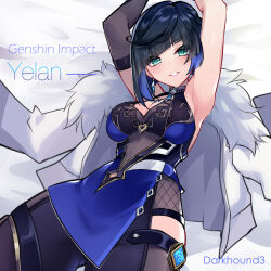 Rule 34 | 1girl, armpits, artist name, bed sheet, black hair, blunt bangs, breasts, character name, chinese clothes, cleavage, commentary request, dark hound 3, dice, earrings, fishnet fabric, fur-trimmed jacket, fur trim, genshin impact, green eyes, highres, jacket, jacket on shoulders, jewelry, long sleeves, looking at viewer, lying, medium breasts, mole, mole on breast, on back, open clothes, open jacket, parted bangs, parted lips, pendant choker, short hair, sidelocks, sleeveless, solo, vision (genshin impact), white jacket, yelan (genshin impact)