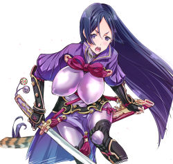 Rule 34 | 1girl, absurdres, black gloves, black hair, bodysuit, breasts, covered erect nipples, fate/grand order, fate (series), fingerless gloves, gloves, highres, holding, holding sword, holding weapon, katana, large breasts, long hair, minamoto no raikou (fate), open mouth, purple eyes, sheath, solo, suzuki24, sword, teeth, tongue, weapon