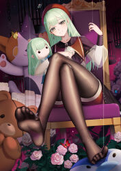 1girl absurdres bang_dream! bang_dream!_it&#039;s_mygo!!!!! black_pantyhose commentary crossed_legs feet flower green_hair highres holding holding_stuffed_toy hugging_object long_hair looking_at_viewer mato_kuroi mortis_(bang_dream!) no_shoes pantyhose smile soles stuffed_animal stuffed_toy toes wakaba_mutsumi wakaba_mutsumi_(doll)