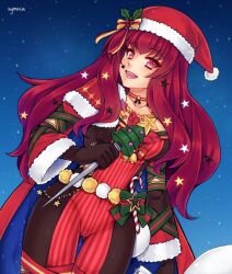 Rule 34 | 1girl, blue cape, bodysuit, brown gloves, cape, christmas, facial mark, fire emblem, fire emblem engage, fire emblem heroes, gloves, hair ornament, hat, highres, holding, holly hair ornament, ice pick, long hair, long sleeves, looking at viewer, multicolored cape, multicolored clothes, nintendo, official alternate costume, open mouth, red bodysuit, red cape, red eyes, red hair, santa hat, solo, star (sky), star (symbol), star hair ornament, star print, symoca, yunaka (fire emblem), yunaka (fire emblem) (spirited envoy)