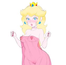 Rule 34 | 1girl, blonde hair, blue eyes, blush, breasts, collar, covered navel, crown, earrings, highres, jewelry, lips, lm (legoman), long hair, looking at viewer, mario (series), nail polish, nintendo, nipple piercing, nipples, piercing, princess peach, pussy, see-through, solo, super mario bros. 1, uncensored, white background