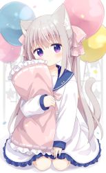 Rule 34 | 1girl, animal ear fluff, animal ears, balloon, blue sailor collar, blush, cat ears, cat girl, cat tail, closed mouth, commentary request, confetti, dress, frilled dress, frilled pillow, frills, full body, grey hair, hair between eyes, hair ribbon, highres, long hair, long sleeves, looking at viewer, nakkar, hugging object, original, pillow, pillow hug, pink ribbon, puffy long sleeves, puffy sleeves, purple eyes, ribbon, sailor collar, sailor dress, seiza, shadow, sitting, sleeves past wrists, solo, star (symbol), tail, twintails, very long hair, white background