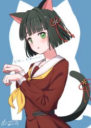 Rule 34 | 1girl, :o, animal ears, black hair, blue background, blunt bangs, blunt ends, blush, brown dress, cat ears, cat tail, collarbone, dated, dress, embarrassed, flower, flower knot, green eyes, hair flower, hair ornament, hampem7, hasu no sora school uniform, highres, kemonomimi mode, link! like! love live!, long sleeves, love live!, momose ginko, neckerchief, nyan, open mouth, paw pose, pleated dress, sailor collar, sailor dress, school uniform, short hair, signature, solo, tail, tail flower, tail ornament, twitter username, upper body, virtual youtuber, white background, white sailor collar, winter uniform, yellow neckerchief