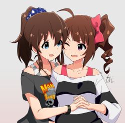 Rule 34 | 2girls, ahoge, artist name, black shirt, blue eyes, blue scrunchie, bodysuit, bow, brown hair, commentary request, cosplay, costume switch, dress, drill hair, hair bow, holding hands, idolmaster, idolmaster million live!, interlocked fingers, jewelry, long sleeves, looking at another, medium hair, multiple girls, necklace, off-shoulder dress, off shoulder, one eye closed, open mouth, pink bodysuit, ponytail, print scrunchie, print shirt, purple eyes, satake minako, scrunchie, shirt, shirt straps, side drill, side ponytail, signature, smile, star (symbol), star print, striped clothes, striped shirt, tun, upper body, white shirt, wristband, yokoyama nao, yuri