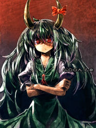 Rule 34 | 00s, 1girl, 2009, crossed arms, ex-keine, female focus, gradient background, green hair, horns, kamishirasawa keine, new year, red eyes, solo, touhou, ukyo rst