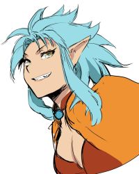 Rule 34 | 1990s (style), 1girl, blue hair, breasts, cleavage, enami katsumi, long hair, looking at viewer, pointy ears, retro artstyle, ryouko (tenchi muyou!), simple background, sketch, smile, solo, spiked hair, teeth, tenchi muyou!, white background, yellow eyes