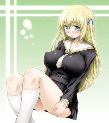Rule 34 | 1girl, aru ra une, blonde hair, blue eyes, blush, bow, breasts, collarbone, covered erect nipples, fingernails, hair bow, highres, impossible clothes, impossible shirt, large breasts, lips, long hair, looking at viewer, nipples, open mouth, original, puffy nipples, school uniform, serafuku, shirt, simple background, sitting, socks, solo, thighs