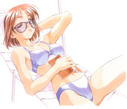 Rule 34 | 1girl, ;p, arm behind head, arm up, artist request, beach chair, bikini, blue bikini, book, brown hair, covering navel, holding, holding book, looking at viewer, lying, on back, one eye closed, retro artstyle, short hair, simple background, solo, sunglasses, swimsuit, tongue, tongue out, white background
