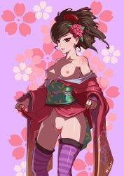 Rule 34 | 1girl, bare shoulders, breasts, brown eyes, brown hair, cless888, clothes lift, fat mons, flower, hair flower, hair ornament, highres, japanese clothes, kimono, kimono lift, kimono pull, momohime, nipples, no panties, oboro muramasa, off shoulder, pussy, solo, striped clothes, striped thighhighs, thighhighs, uncensored