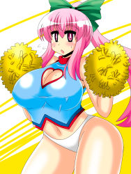 Rule 34 | 1girl, akasode (tyaramu), bare shoulders, blush, breasts, cheerleader, cleavage, cleavage cutout, clothing cutout, expressionless, flying sweatdrops, hata no kokoro, heart, heart cutout, highres, huge breasts, long hair, looking at viewer, midriff, navel, no pants, open mouth, panties, pink eyes, pink hair, pom pom (cheerleading), solo, striped, striped background, touhou, underwear, white panties