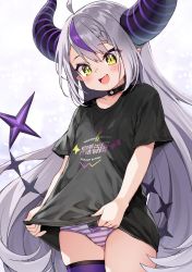 Rule 34 | 1girl, absurdres, ayaoshiro, black shirt, blouse, blush, choker, fang, highres, hololive, horns, la+ darknesss, long hair, multicolored hair, no pants, open mouth, panties, pointy ears, purple hair, shirt, silver hair, solo, streaked hair, striped clothes, striped panties, tail, thighhighs, thighs, underwear, very long hair, virtual youtuber, yellow eyes
