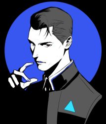 Rule 34 | 1boy, blue background, blue theme, commentary, connor (detroit), detroit: become human, english commentary, fingernails, hand up, jacket, limited palette, looking at viewer, male focus, monochrome, onegingek, parted lips, red eyes, solo, upper body