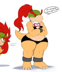 Rule 34 | 2girls, belly, bowser, bowser jr., eric lowery, eyebrows, highres, horns, long hair, mario (series), matching hair/eyes, multiple girls, nintendo, ponytail, red eyes, red hair, shorts, simple background, stomach, super mario bros. 1, text focus, white background