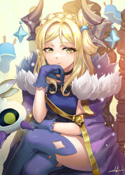 Rule 34 | 1girl, arm on thigh, blonde hair, blue dress, blue gloves, braid, breasts, chair, chibi, cloak, collarbone, commentary request, crossed legs, crown braid, demon, dress, fur-trimmed cloak, fur trim, genjitsu no yohane, gloves, green eyes, hair rings, hand on own face, high heels, highres, horns, kws, large breasts, long hair, looking at viewer, love live!, love live! sunshine!!, mari (genjitsu no yohane), ohara mari, on chair, outstretched arms, pellapie, purple cloak, purple thighhighs, shoes, signature, sitting, smile, solo, spread arms, swept bangs, thighhighs, upper body, yellow eyes