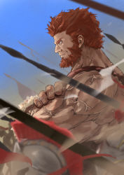 Rule 34 | 1boy, absurdres, armor, army, bare shoulders, beard, commentary request, crossed arms, dark-skinned male, dark skin, day, facial hair, fate/grand order, fate/zero, fate (series), from side, highres, ionioi hetairoi (fate), iskandar (fate), kdm (ke dama), looking ahead, male focus, muscular, muscular male, polearm, red eyes, red hair, serious, short hair, solo, spear, upper body, veins, veiny arms, weapon