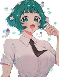 Rule 34 | 1girl, black necktie, blush, breasts, bug, butterfly, butterfly on hand, butterfly wings, close-up, collared shirt, female focus, green eyes, green hair, hand up, heart, highres, insect, insect wings, kimi no koto ga dai dai dai dai daisuki na 100-nin no kanojo, large breasts, looking at viewer, matching hair/eyes, necktie, open mouth, popo po731, shirt, short hair, solo, white background, white shirt, wings, yamame yasashiki