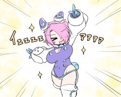 Rule 34 | &gt; &lt;, 1girl, :d, arm up, blush, breasts, cleavage, cleavage cutout, closed eyes, clothing cutout, hair ornament, large breasts, open mouth, original, outstretched arm, phantasy star, phantasy star zero, pink hair, pointing, pointing up, pointy ears, rei (holyspirit), short hair, smile, solo, thighhighs, xd, zefirumu