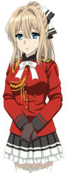 Rule 34 | 10s, 1girl, amagi brilliant park, blank stare, blue eyes, brown gloves, company connection, cosplay, cp9a, gloves, long hair, look-alike, looking at viewer, ponytail, sento isuzu, sento isuzu (cosplay), skirt, solo, standing, thighhighs, uniform, violet evergarden, violet evergarden (series), white thighhighs